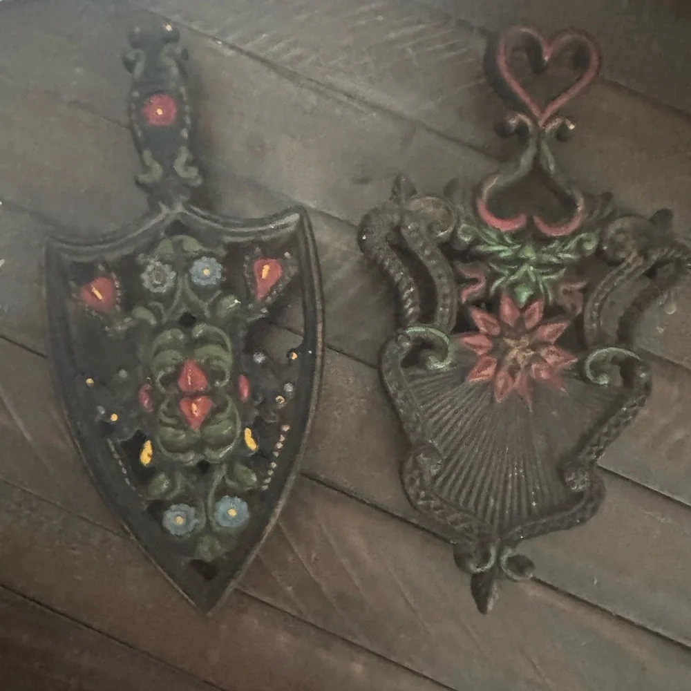 Vintage Hand Painted Cast Iron Trivet Set
